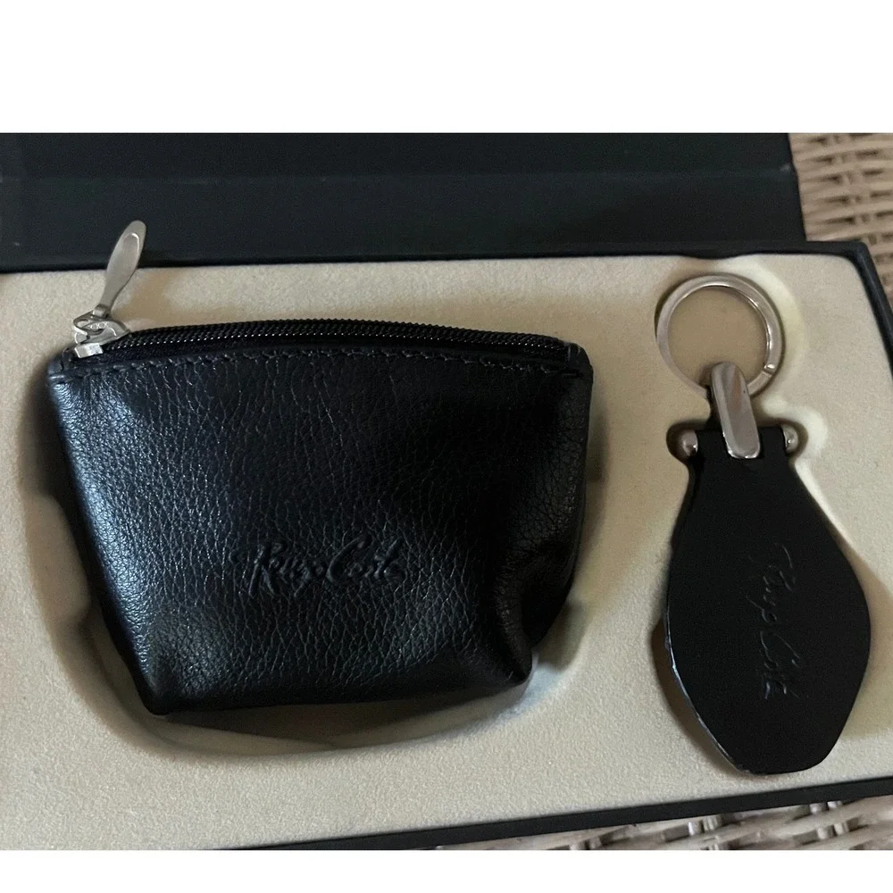 Renzo Costa Leather Gift Set Coin Purse & Key Fob Boxed Black Red Laser Cut Peru